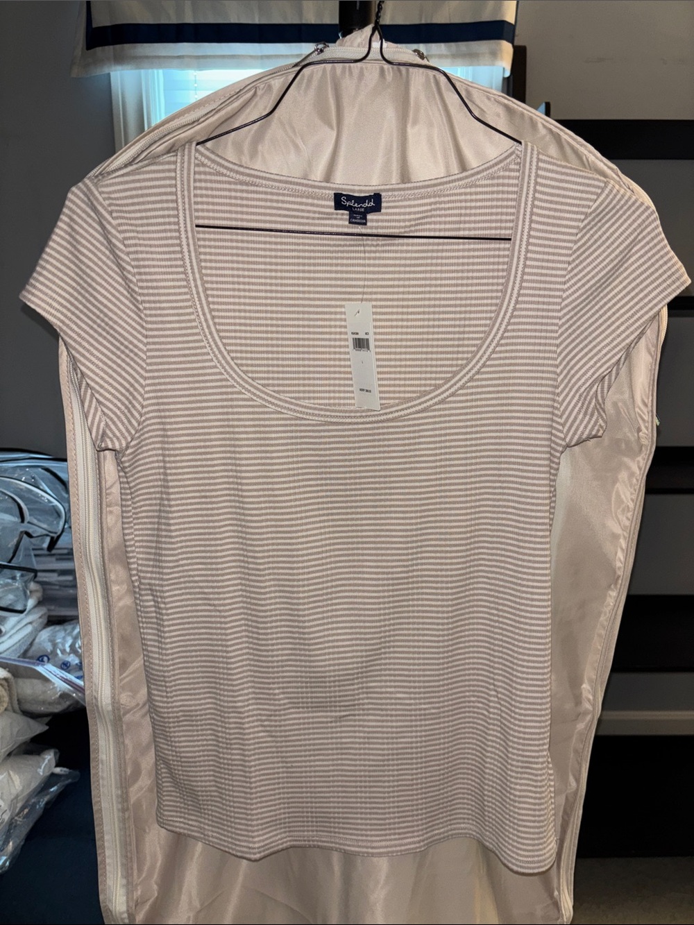 Splendid women's scoop neck tee in white and light tan stripes